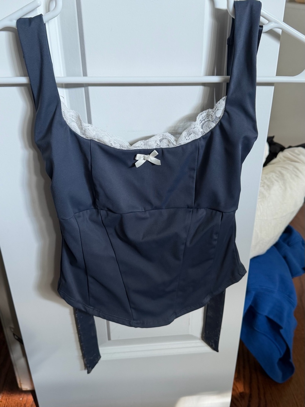 Edikted Navy Halter Top with White Lace Trim